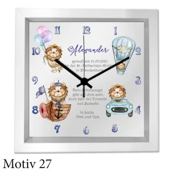 Taufgeschenk mit Namen und Text - moderner weißer Holzrahmen als Uhr oder Bild